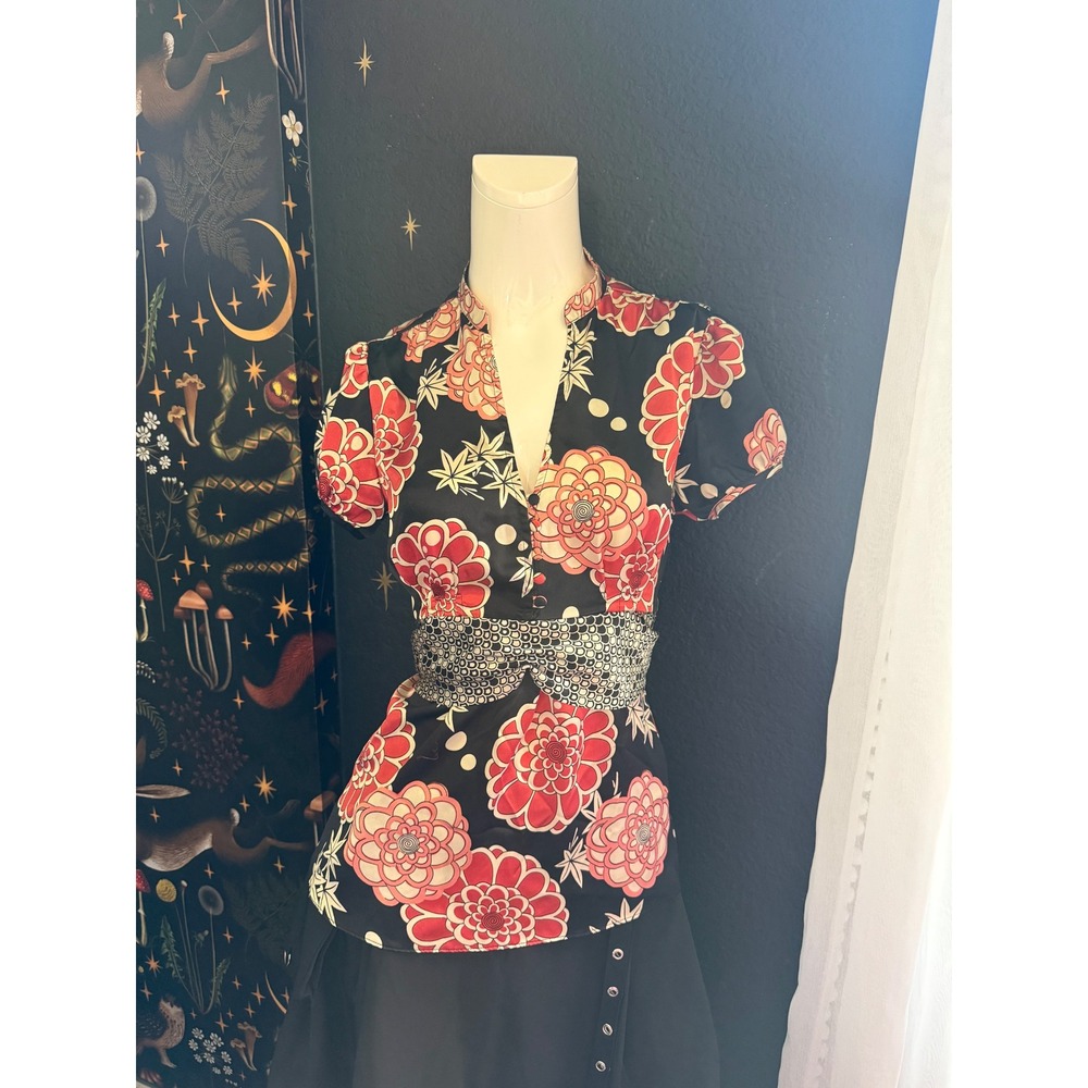 Jonathan Martin Floral Satin Tie Back Blouse Black Red Pink Medium RN 50540